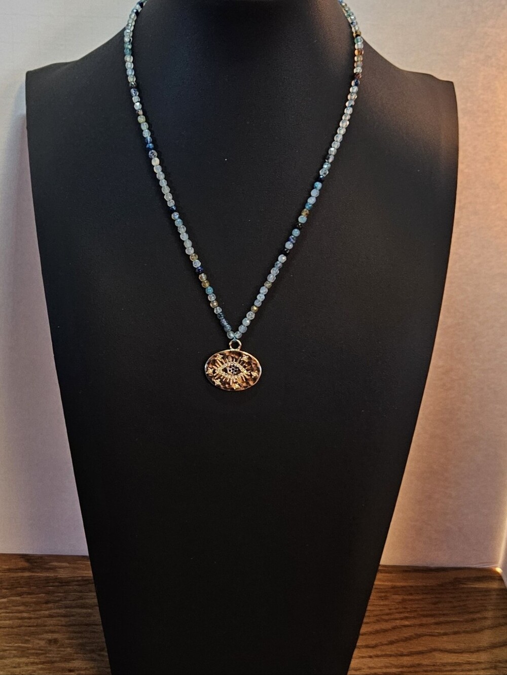 Serefina Evil Eye Medallion Pendant Beaded Necklace Gold Tone Celestial Rhinesto